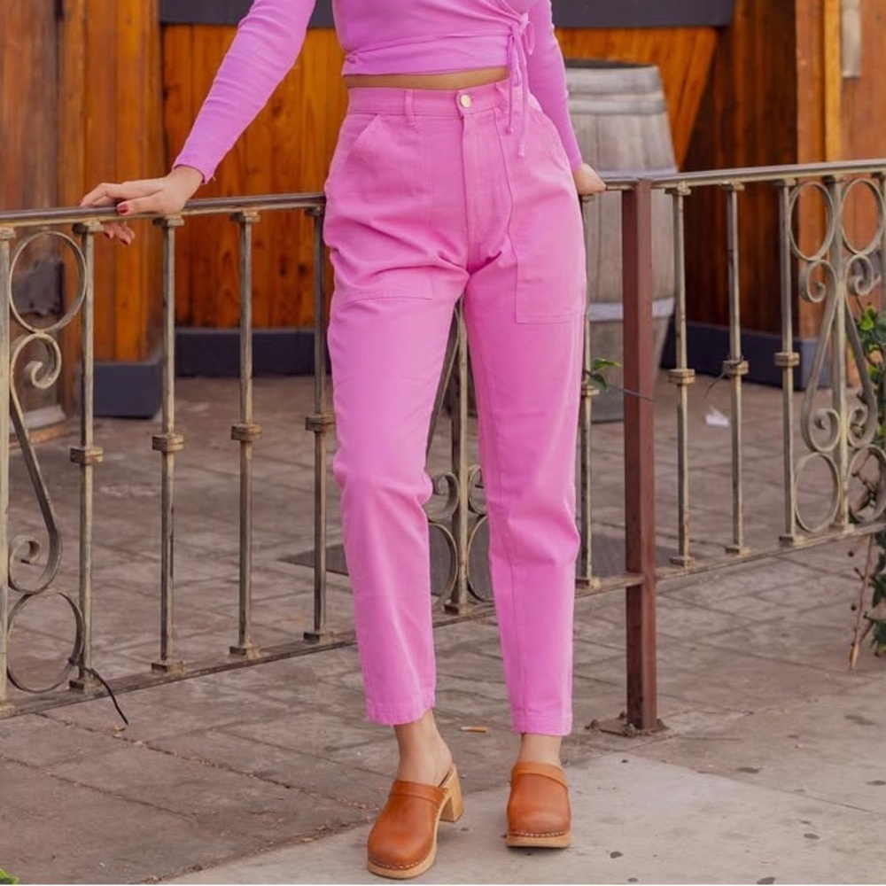 Big Bud Press Pencil Pants Bubblegum Pink High Waisted Cotton Twill Slim Leg